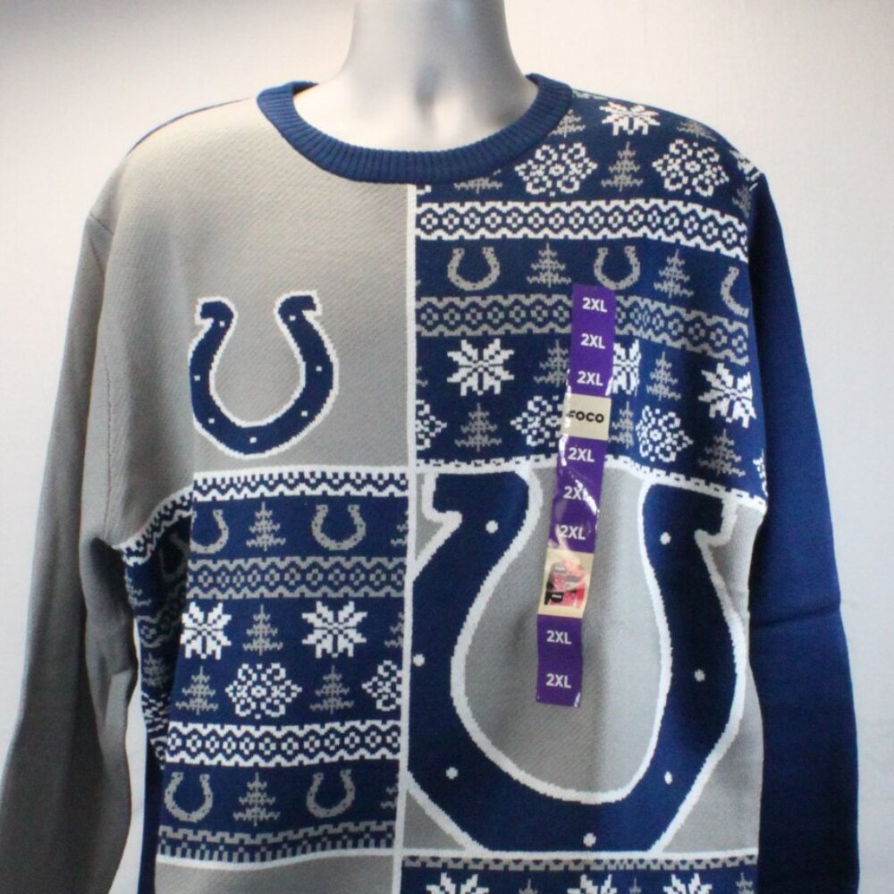 Indianapolis Colts Crew Neck Long Sleeve Busy Block Snowfall Ugly Sweater Men's